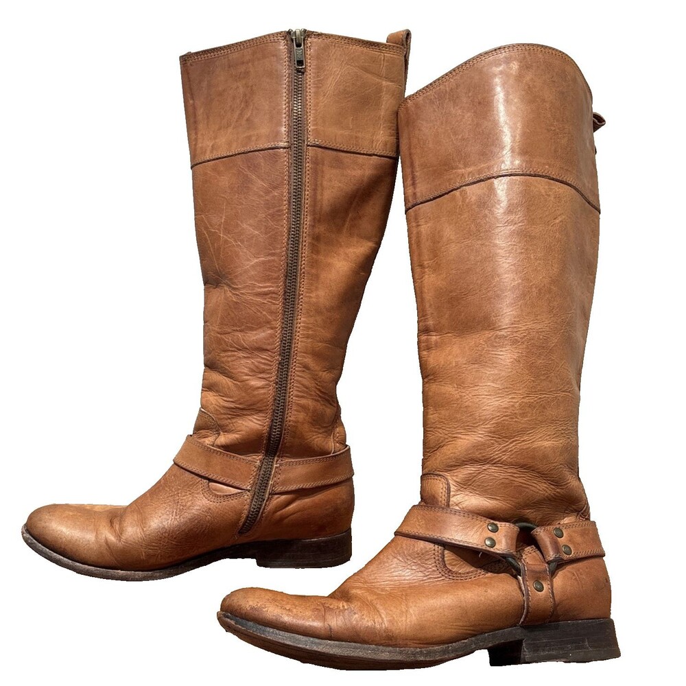 FRYE Extended Calf Melissa Harness Leather Side-Zip Boot Brown Women Size 9 B